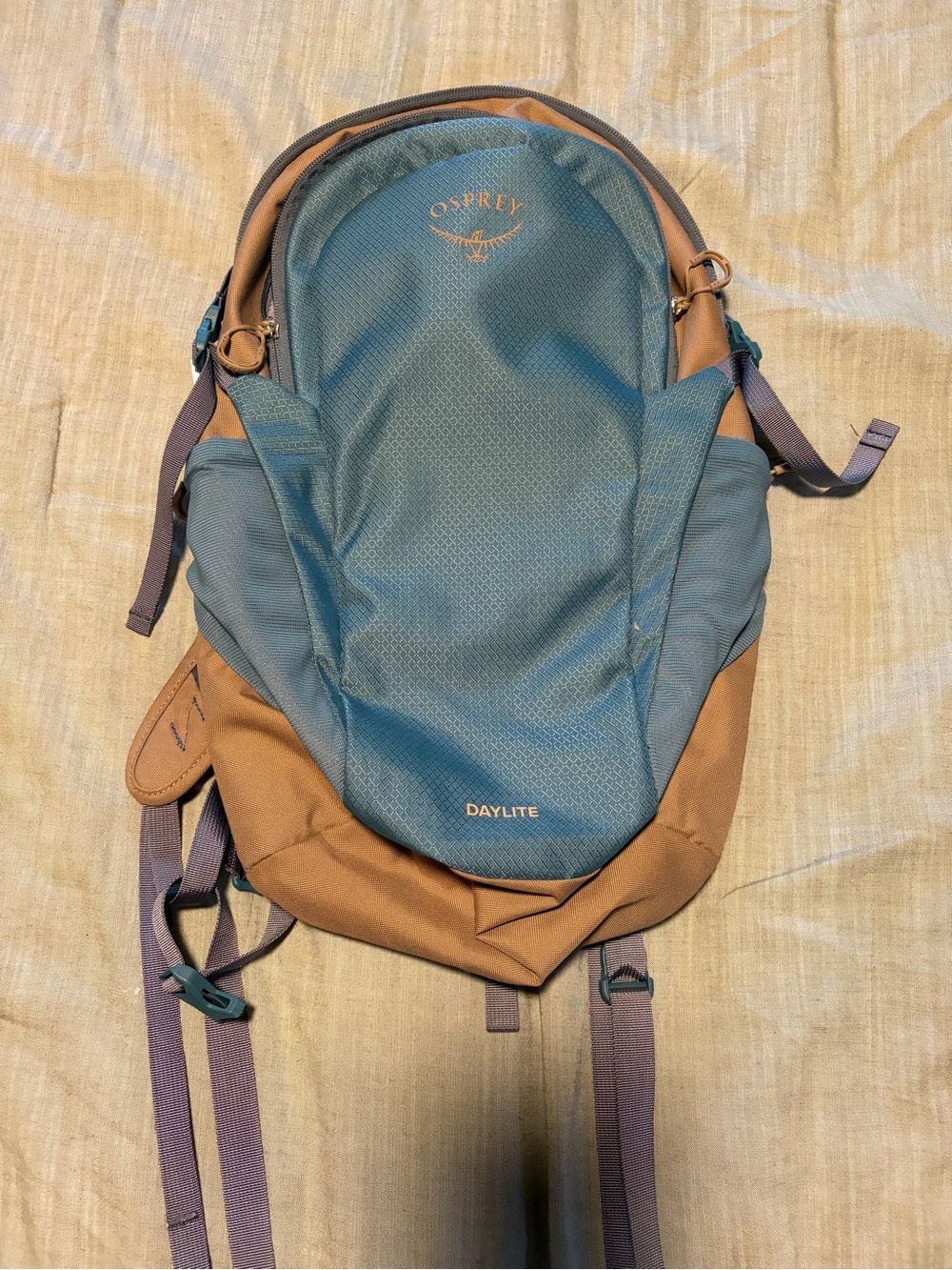 OSPREY Daylite Backpack in Teal and Tan with Purple Straps